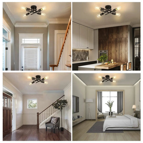 Industrial Dope 4 Light Flush Mount Ceiling Fixture In Black, Modern Farmhouse Chandelier in various room settings, 2 Pack.