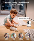 Child playing on floor near 2K Indoor Security Camera System With 360 Degree Coverage, Smart Baby Monitor And Pet Camera For Home Surveillance