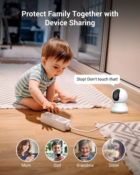 Child playing on floor near 2K Indoor Security Camera System With 360 Degree Coverage, Smart Baby Monitor And Pet Camera For Home Surveillance