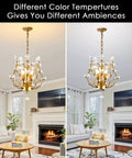 Living room with Two Different Color Temperatures showing Three Light K9 Crystal Pendant Chandelier In Gold, Modern Glam Ceiling Light