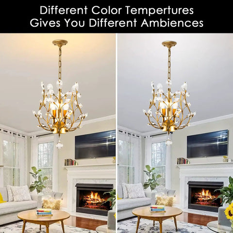 Living room with Two Different Color Temperatures showing Three Light K9 Crystal Pendant Chandelier In Gold, Modern Glam Ceiling Light