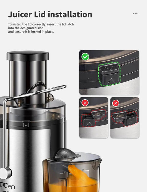 Close-up of juicer lid installation on Powerful 800W Centrifugal Juicer With Wide 3 Inch Feed Chute For Fruit And Veg Stainless Steel Body
