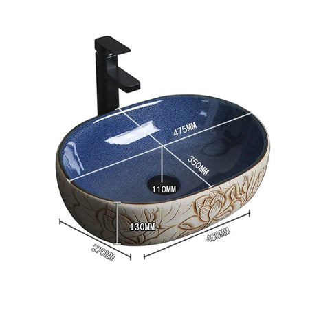 Hella Sleek Round Porcelain Bathroom Vessel Sink With Chrome Pop Up Drain Above Counter Vanity Art Basin measuring 475x350 mm.