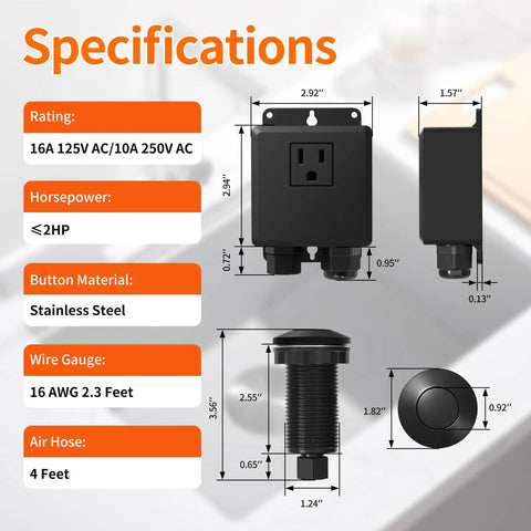 Waterproof Garbage Disposal Air Switch Kit With Long Matte Black Push Button UL Listed For In Sink Install; product specifications diagram.