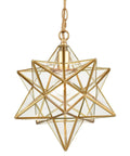 Moravian Star Brass Pendant Light, Dope Modern 14 Inch Ceiling Fixture With Clear Glass Shade, close-up view of handcrafted brass frame