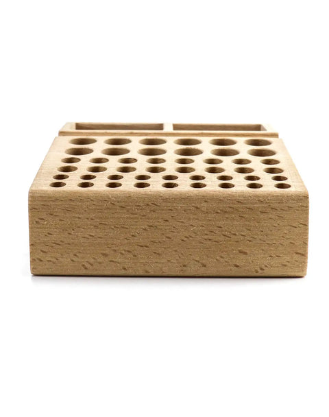 Front view of Pro Grade Leatherworking Tool Rack Beech Wood 46 Hole Organizer Box With 2 Slots for workshop use.