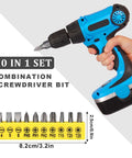 Front view of 17-piece flexible drill bit extension set with yellow bit holder and blue cordless drill