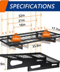 Specifications of 2 Pack Heavy Duty Garage Wall Shelves 1.5 By 3 Feet Each Wall Mounted Floating Storage Rack Black Durable Powder Coated Steel, Space Saving Shelving For Tools, Hardware, Parts, And Gear with dimensions and weight capacity.