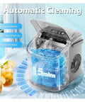 Freshly Chilled Bullet Ice Anytime With This Sick Countertop Ice Maker For Backyard Hangouts showing automatic cleaning feature and ice ready in 15 minutes.