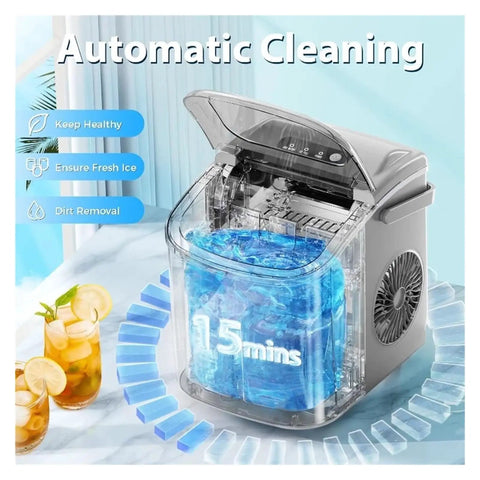 Freshly Chilled Bullet Ice Anytime With This Sick Countertop Ice Maker For Backyard Hangouts showing automatic cleaning feature and ice ready in 15 minutes.