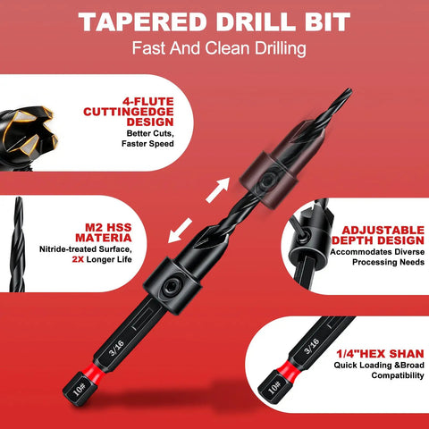 Hardcore 20 Piece Countersink Drill Bit Set With Tapered Bits, M2 HSS material, adjustable depth design for precise drilling.