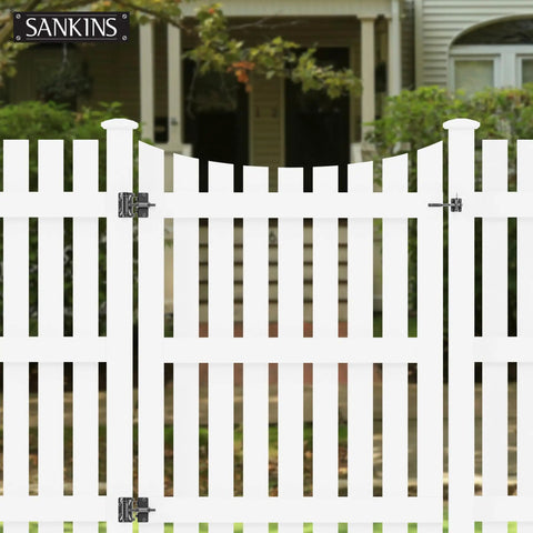 Heavy-Duty Self-Closing Gate Hinges, 90-Degree Adjustable Narrow Gate Hardware For Metal, PVC, Vinyl, And Wood Fences, Corrosion-Resistant Steel With Adjustable Tension, 2-Pack on white picket gate