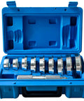10-Piece Universal Aluminum Bearing Race and Seal Driver Set for Automotive Wheel Bearings in blue case, showing discs and knurled handle.