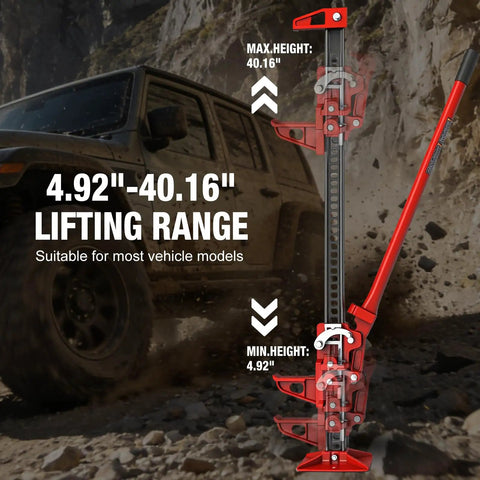 Big Red 48 Inch Ratcheting Off Road Farm Jack With Heavy Duty 3 Ton 6000 Lb Load Capacity showing 4.92''-40.16'' lifting range.