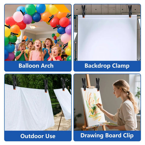 Ten 6-inch black plastic spring clamps for backdrops, crafts, and outdoor use.