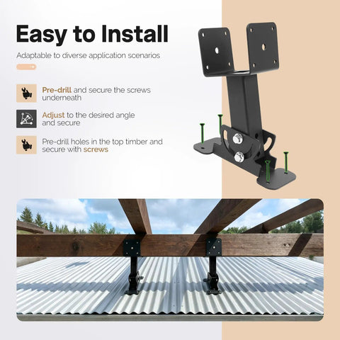 3 Pack Pergola Bracket Roof Riser Brackets With 180 Degree Adjustable Mounts For Wooden Gazebos Carports Treehouses And Porches Powder Coated Black Steel installed on wooden beams over metal roof