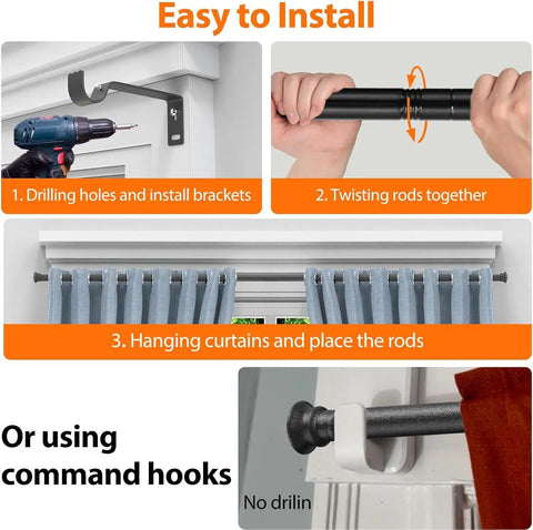 Adjustable 5/8 Inch Black Curtain Rod With Brackets For Windows And Doors Extends From 16 To 52 Inches Built For Cafe Kitchens Bedrooms Living Rooms And Sliding Glass Doors Drilling Installation Easy Mount, showing installation steps including drilling brackets and hanging curtains.