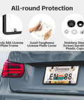 Two Pack Clear License Plate Frame And Protector Set For Front And Rear ABS Car Plate Covers With Screws Caps Fits Any Standard US Plates Weatherproof Anti Theft Compatible shown installed on a car with ABS frame and clear cover details.