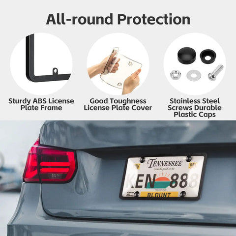 Two Pack Clear License Plate Frame And Protector Set For Front And Rear ABS Car Plate Covers With Screws Caps Fits Any Standard US Plates Weatherproof Anti Theft Compatible shown installed on a car with ABS frame and clear cover details.
