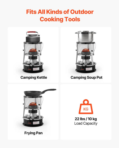 9000 BTU Kerosene Heater And Stove 2 In 1 Non Electric Indoor Outdoor Heater shown with kettle, soup pot, frying pan