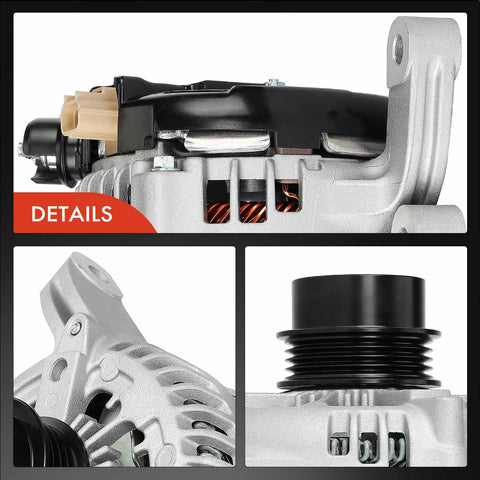 Close-up of alternator replacement for Ford Mustang 2015-2023 2.3L EcoBoost RWD 12V 200A with four groove decoupler pulley.