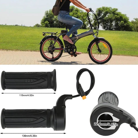 Full Twist Throttle Grip For Ebikes And EScooters With 3 Pin Waterproof Connector Fits 22mm Handlebar 12V 72V Voltage Range Easy Install Speed Accelerator To Boost Your Ride On Bikes Mopeds And More shown with dimensions and outdoor test ride