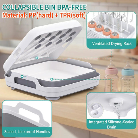 Collapsible Baby Bottle Wash Basin With Built In Drying Rack Two Point Four Gallon Foldable Dish Tub, ventilated drying rack