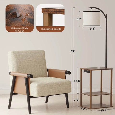 Floor Lamp With Table And USB Charging Station End Table With Shelves, chair beside modern lamp with 3-color LED bulb