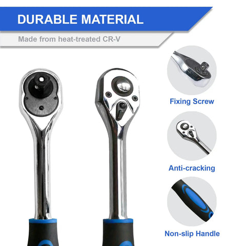 Close-up of Three Piece Ratchet Set With One Quarter Inch, Three Eighth Inch, And One Half Inch Drive Sockets showing CR-V steel gear.