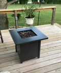 28 Inch Propane Fire Pit Table With 40K BTU Portable Smokeless Outdoor Heater And Dining Coffee Bar Table on wooden patio