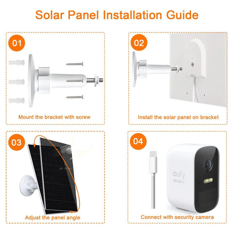 Installation guide for 7W USB C Solar Panel Charger For EufyCam 2 Series And Other 5V Security Cams with USB C port.