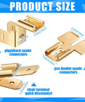 All In One 36 Pcs Electrical Quick Splice Wire Terminals Kit With Piggyback Spade Connectors Double Spade Connectors And Chair Terminal Quick Disconnect Adapters One Quarter Inch Gold Tabs Two Male And One Female showing product size and types