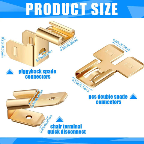 All In One 36 Pcs Electrical Quick Splice Wire Terminals Kit With Piggyback Spade Connectors Double Spade Connectors And Chair Terminal Quick Disconnect Adapters One Quarter Inch Gold Tabs Two Male And One Female showing product size and types
