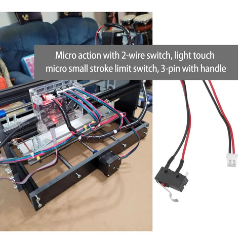 Micro limit switch with wires connected to CNC machine, showing installation and 3-pin setup.