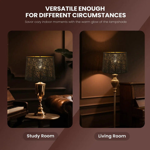 Dope Tree Pattern Lampshade in study and living rooms, large 12in top, 14in bottom with black metal spider fitting, cozy decor
