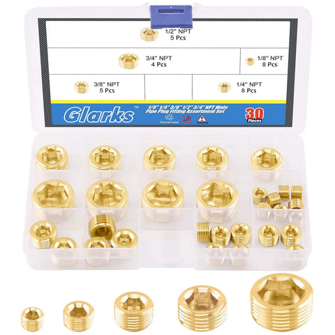 Brass Pipe Plug Fitting Set, 30 Pieces, NPT Male Plugs In One Eighth Inch, One Quarter Inch, Three Eighths Inch, One Half Inch, Three Quarters Inch, Internal Hex Thread, Socket Plugs, Assortment Kit In Durable Plastic Case