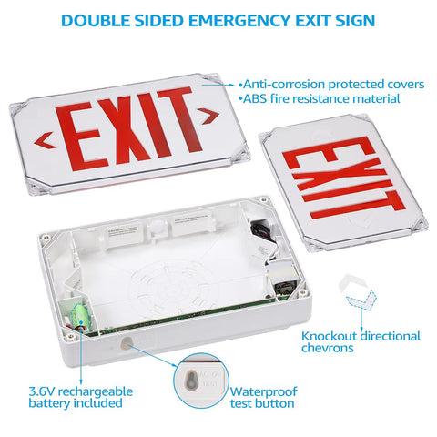 Red LED Exit Sign With Battery Backup For Wet Spots, UL Listed Outdoor Hardwired Emergency Lighting components shown
