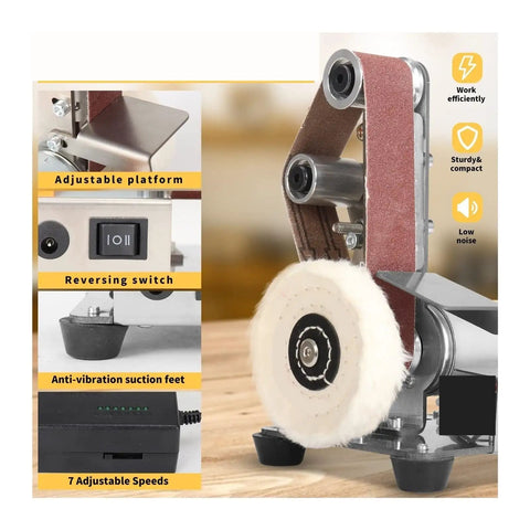Mini Desktop Belt Sander And Electric Polishing Machine With Vertical Design To Save Space, adjustable platform and polishing pad.
