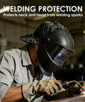 Welder wearing reversible cotton welding cap for men and women, flame resistant welder hat, high crown, paisley pattern in action