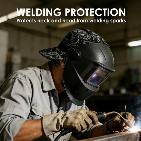 Welder wearing reversible cotton welding cap for men and women, flame resistant welder hat, high crown, paisley pattern in action