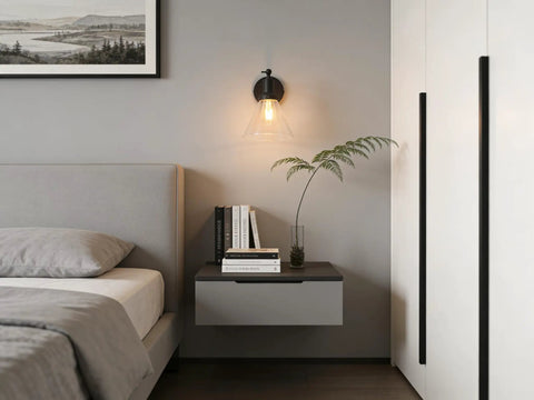 Industrial Vintage Wall Sconce Light Fixture With Slope Pole Mount And Funnel Flared Clear Glass Shade, Matte Black, Bedroom Setup