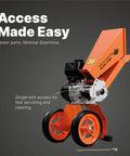 Powerful 6HP Gas Wood Chipper Self Feeding With 208CC 4 Stroke Engine showcasing easy access features on hinged hopper