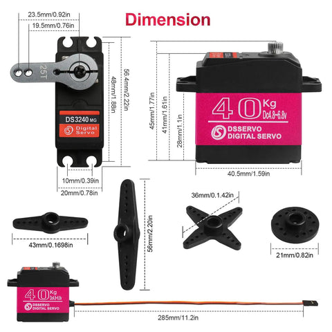 Dimensions of 40kg High Torque RC Servo Digital Full Metal Gear Waterproof with 25T Servo Horn and components shown