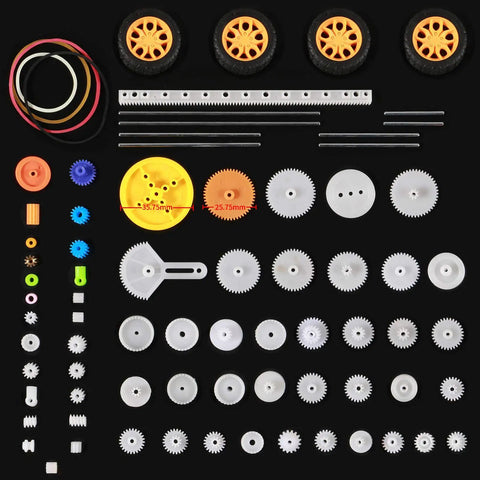 78 Piece Plastic Gear Kit For Motors And Robots with gears, axles, racks, tires, bushings displayed on black background