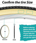 Two Pack 26 By 1 And Three Eighths Inch Folding Bike Tires With Inner Tubes And Tire Levers For Vintage Urban Bicycles Schrader Valve ETRTO 37 590 Mm Replacement Set Classic Retro Look Ready To Roll tire size chart showing diameter and width