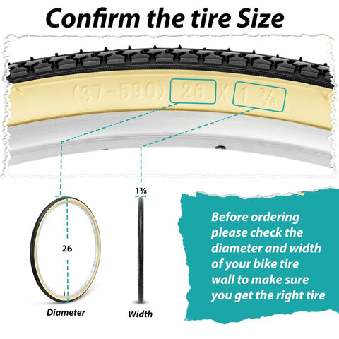 Two Pack 26 By 1 And Three Eighths Inch Folding Bike Tires With Inner Tubes And Tire Levers For Vintage Urban Bicycles Schrader Valve ETRTO 37 590 Mm Replacement Set Classic Retro Look Ready To Roll tire size chart showing diameter and width