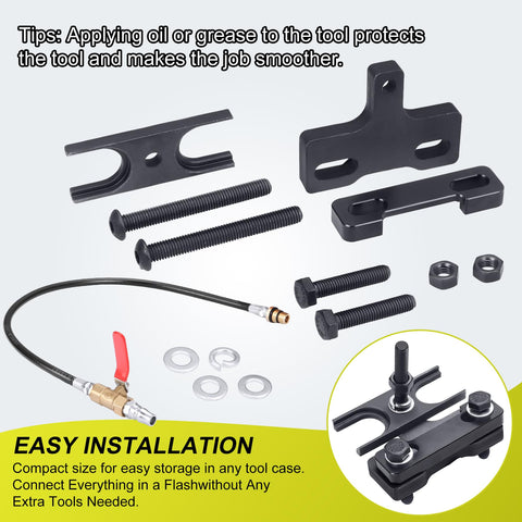 Upgraded Pro Grade Valve Spring Compressor Tool Kit With Box For LS Engines 4.8L 5.3L 5.7L 6.0L 6.2L LS1 LS2 LS3 LS6 Fits Chevy GMC Pontiac Cadillac Includes Air Valve Holding Hose For Easy Removal And Installation with components displayed