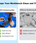 Comparison of tidy desk with Extra Large Soldering Mat With ESD Wrist Strap And Grounding Kit vs messy desk without mat