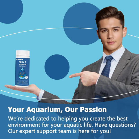 Legit 9 In 1 Aquarium Test Strips For Fish Tanks Testing Ammonia Ph Nitrate Chlorine Nitrite Hardness Alkalinity Copper shown with model in suit.