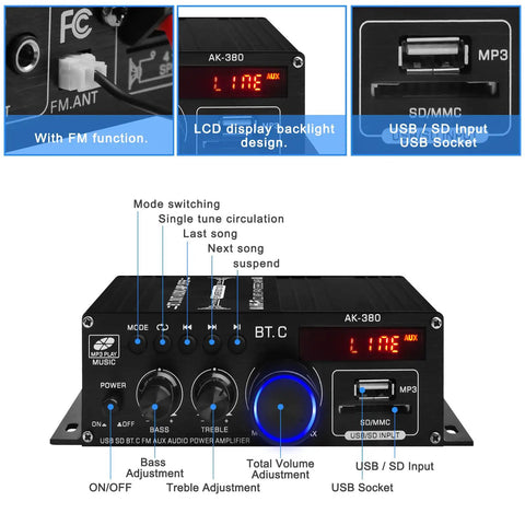 Front view of Beefy 400W And 400W Peak HiFi Stereo Amplifier with labeled features like FM, USB, SD inputs, and control knobs.